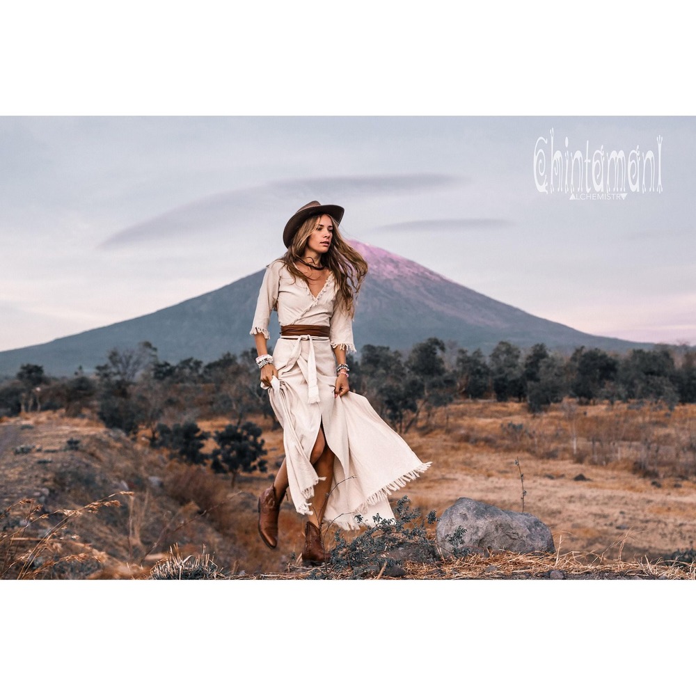 Chintamani Alchemistry Raw Cotton Boho Wrap Maxi Dress White Fringe Wedding - Picture 4 of 6